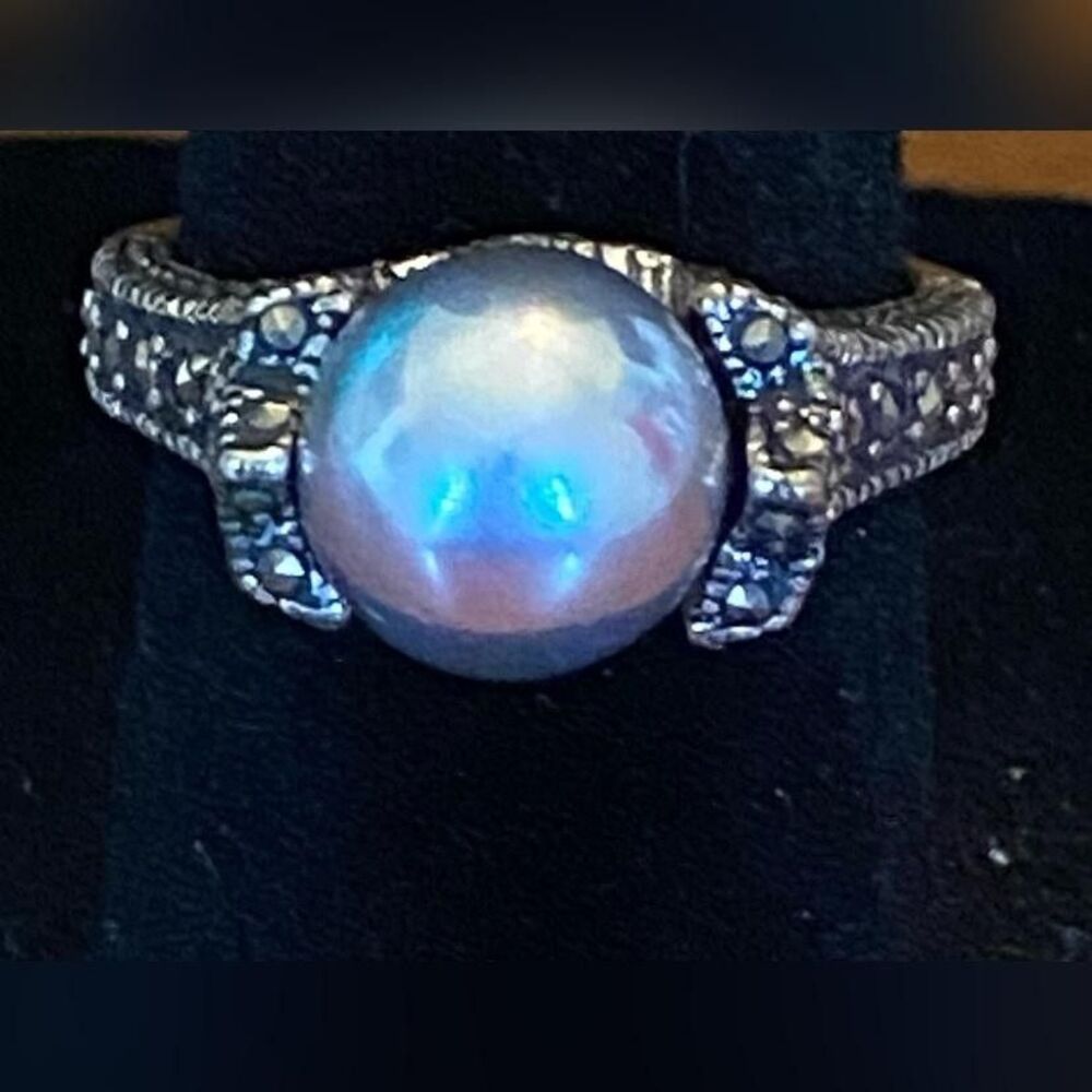 Sterling Silver 925 White Pearl Cocktail Ring Pave Accent Band Womens Size 6